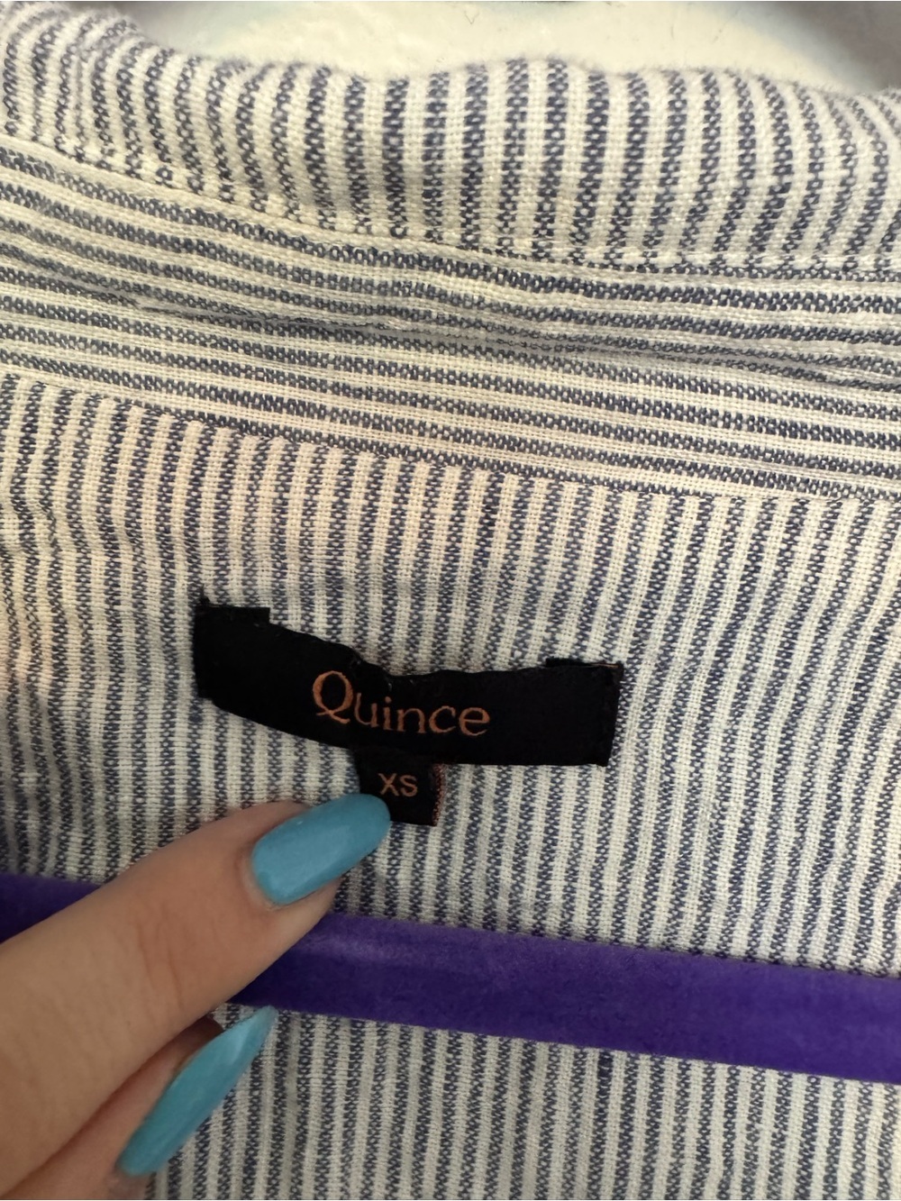 Quince 100% European Linen Button Front Dress Blue White Stripe XS EUC (No Belt) - Picture 3 of 6